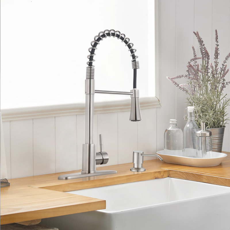 Single Handle Spring Kitchen Faucet with Sprayer and Soap Dispenser, Brushed Nickel