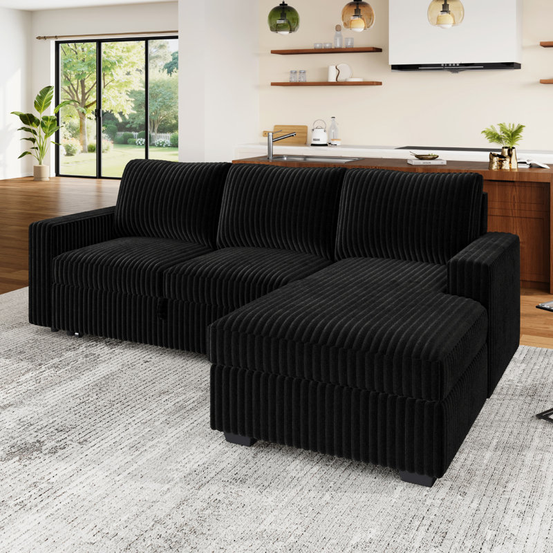 Rundey L Shaped Corduroy Sleeper Upholstered Sectional Sofa Couch, Black Corduroy 