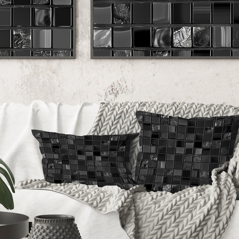 Carreaux de mosaïque noirs modernes I - Coussin décoratif moderne, H 18 po x l 18 po