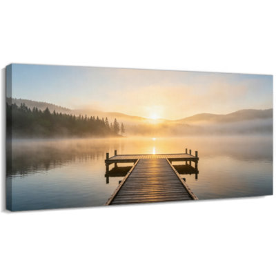 Impression sur toile de grand lac Timuba, impression de lever de soleil sur le quai tranquille, paysage mural serein pour l'entrée de la chambre à coucher, œuvre d'art de galerie neutre, prête à être suspendue, 24 po x 47 po