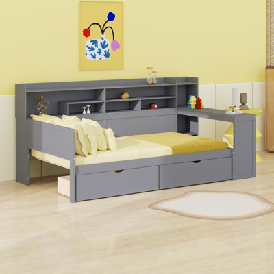 Wooden Daybed With Storage Shelves, Multi-Functional Bed With Two Storage Drawers And Study Desk