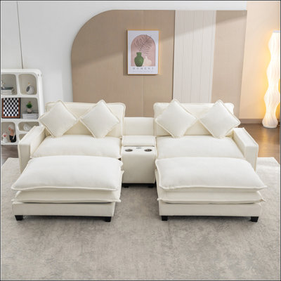 111 Inch Chenille Upholstered Sectional Sofa with Removable Ottomans, USB Ports, Cup Holders, and Large Storage for Modern Living Rooms