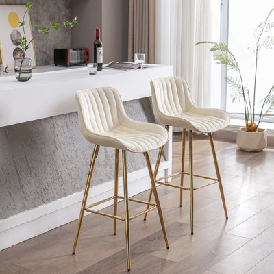 Velvet Fabric Counter Stools with Chrome Footrest, Set of 2