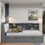 Lit plateforme avec lit gigogne, tablettes de rangement, tête de lit tapissier et plateau de rangement rotatif-135770560-107879254