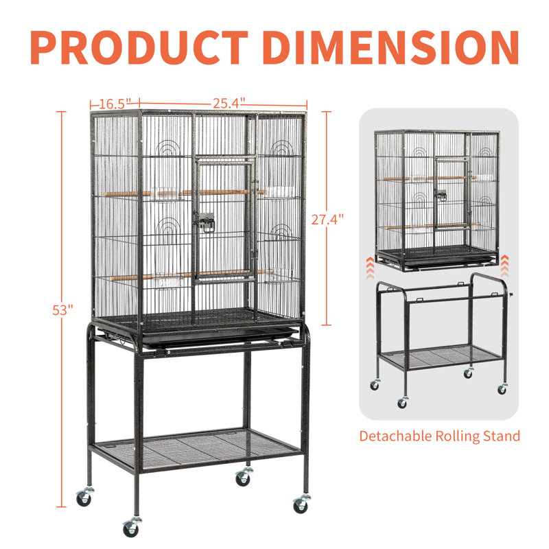 53" Black Iron Flight Bird Cage with Rolling Stand and Storage Shelf