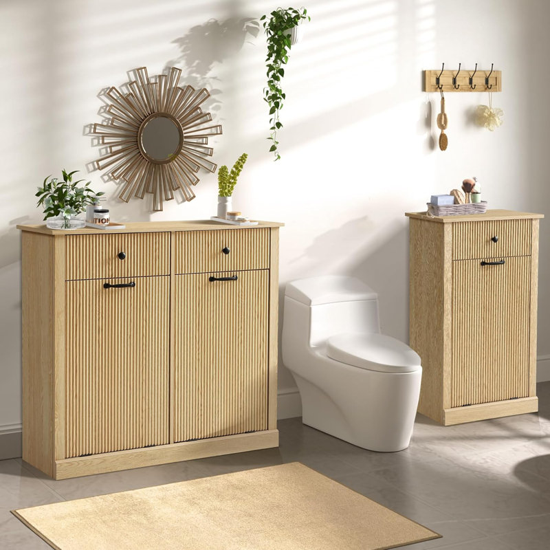 Tilt Out Fluted Laundry Hamper Cabinet, 11 Gallon Hidden Laundry Hamper, Wooden Trash Can Cabinets With Drawer, Modern Garbage Can Cabinet For Bathroom, Kitchen, Living Room