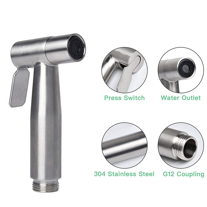 Elongated Hand Held Bidet with Faucet,  Silver