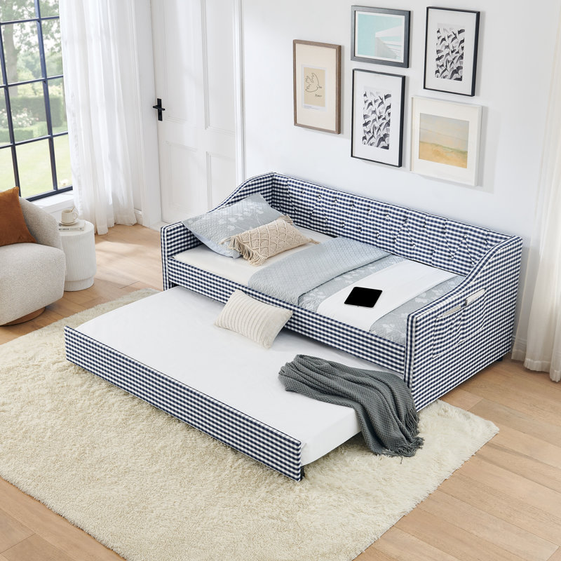 Upholstered Convertible Daybed with Tufted Button Backrest, 3‑in‑6 Versatile Sofa Bed with Pull‑Out Trundle & Side Storage