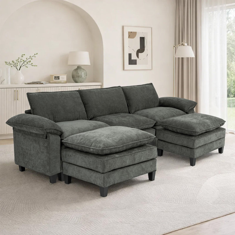 Canapé d'angle rembourré avec 2 repose-pieds, Tissu gris, H 37,4 po x l 113 po x P 61 po