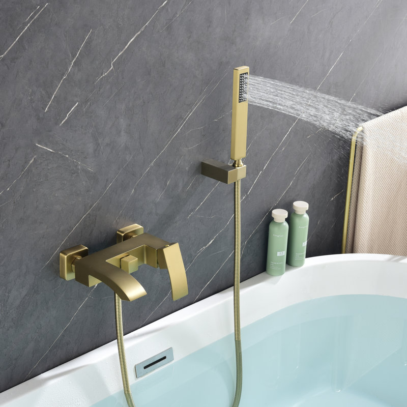 Robinet de baignoire mural à poignée simple avec douche à main, Or brossé