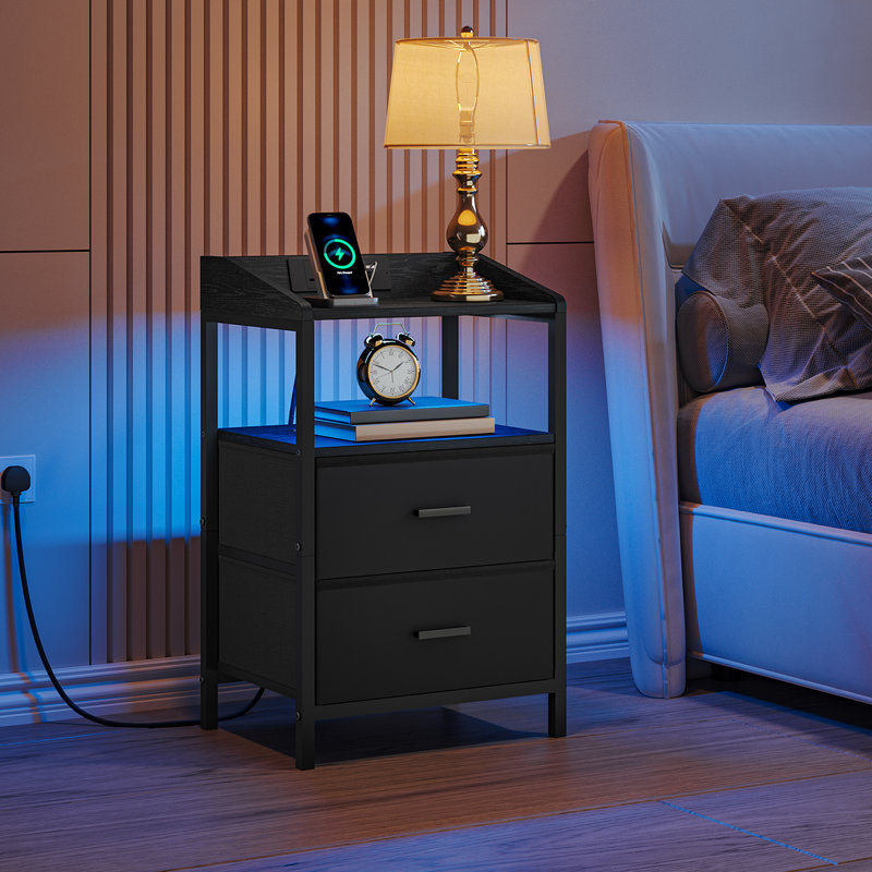 Bedside Table with LED Lights and Charging Station, Bedside Cabinet with 2 Fabric Storage Drawers, Nightstand with USB Ports & TypeC for Bedroom, Livingroom