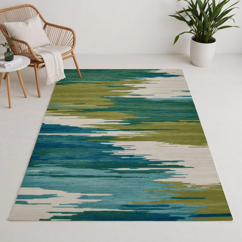 Watercolor Green Indoor and Outdoor Area Rug, Rectangle 9' x 12'