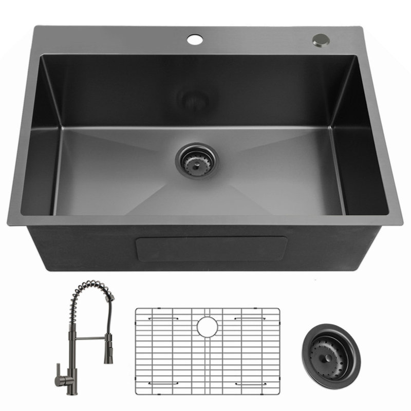 Évier de cuisine 33 en acier inoxydable de calibre 18 avec robinet à ressort noir 33