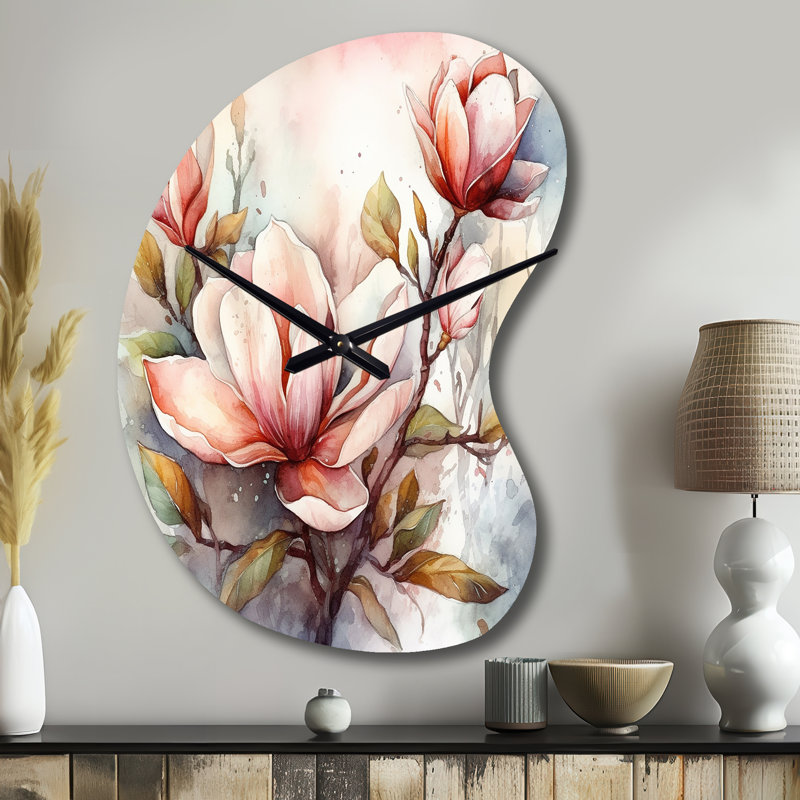 Red Magnolia Symphony - Grande sculpture en forme d'horloge murale rouge, Petit
