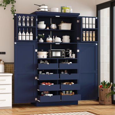 35.5X17.6X70.9Inch Freestanding Pantry Cabinet With Shaker - Style Design, 4 Doors, 3 Level Adjustable Shelf, And Bottom Storage Shelf Blue Kitchen Long Handles, 8 Pull Out Trays, 2 Tipping Kits For