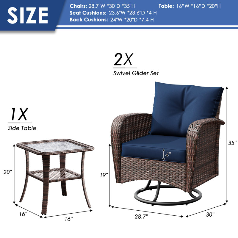 2-Person Square Outdoor Set With Cushions, Blue