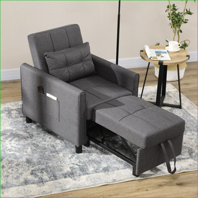 Canapé-lit convertible 3 en 1, fauteuil-lit multifonctionnel avec dossier réglable, poches, coussin, gris foncé | Polyester