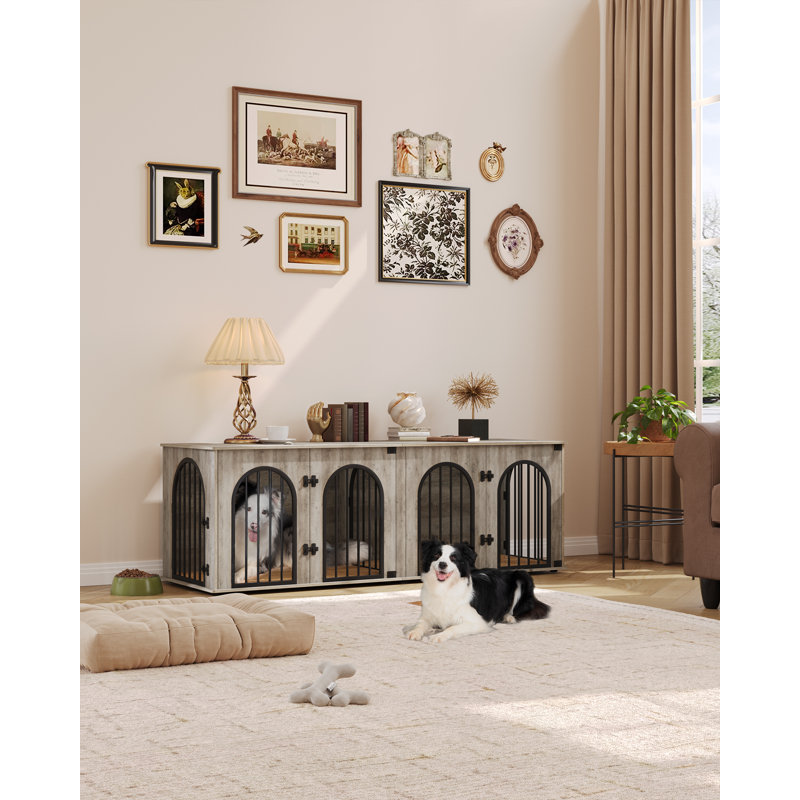 71" White and Brown Heavy Duty Dog Crate Furniture with Divider