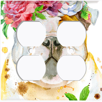 Mignon bouledogue avec couronne de fleurs et plaque murale