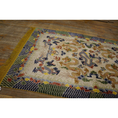 Ivory Background Antique Artistic Chinese Dragon Design Silk Rug
