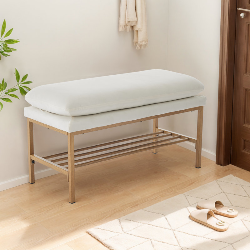 End Of Bed Bench With Shelf, Beige