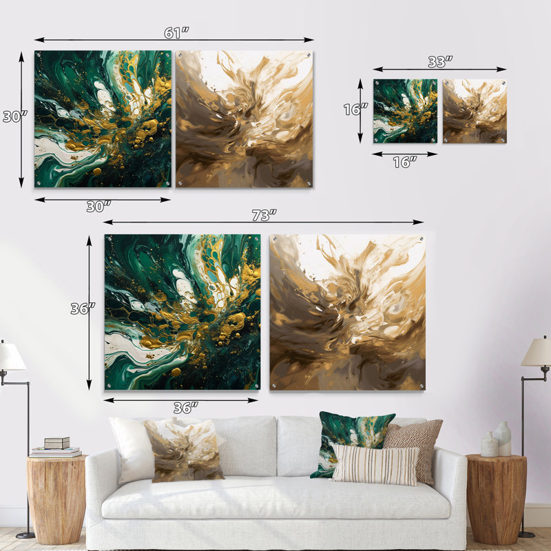 Encre de sarcelle dorée sur pierre - ensemble abstrait d'art mural en acrylique sur verre, H 36 po x l 73 po