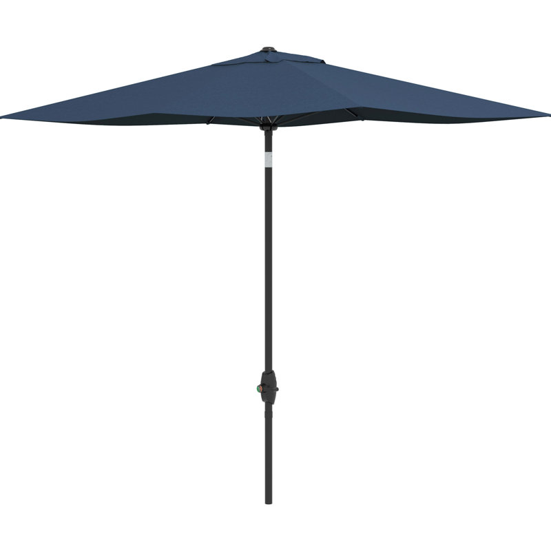 Grande table d'extérieur de 6,5 pi x 10 pi avec parasol bleu, manivelle indolore, contrôle d'inclinaison et plus de 50 po de protection