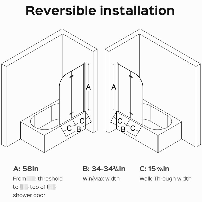 34 Inch Wide 58 High Pivot Bathroom Shower Door, 1/4" (6mm) Clear Tempered Glass, Reversible Installation, Stable Wall Support 34" W X 58" H Folding Bathtub Thick Fixed Clamps, Lifting Structure