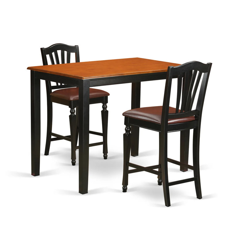 3 Piece Counter Height Pub Set for Small Spaces Contains a Rectangle Kitchen Table and 2 Faux Leather Dining Room Chairs, Black & Cherry