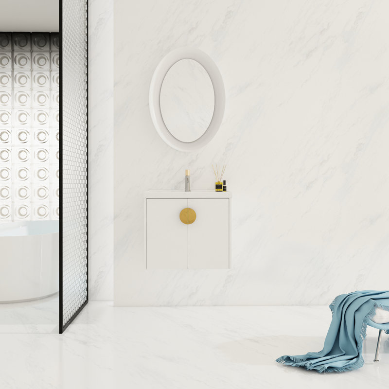 Meuble-lavabo de salle de bain mural de 24 po, blanc brillant, design moderne pour les petites salles de bain fixées au pouce. Salle de bain blanche à 2 portes. Lavabo en céramique. Contreplaqué. 2 poignées en métal doré et noir.