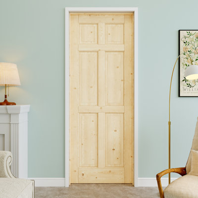Porte pré-suspendue intérieure en bois de pin à 6 panneaux 28 po x 80 po avec charnières argentées, bois de pin naturel, pouvant être peint et imperméable, combinaison pour la lessive, portes de placard, portes de pièce, gauche