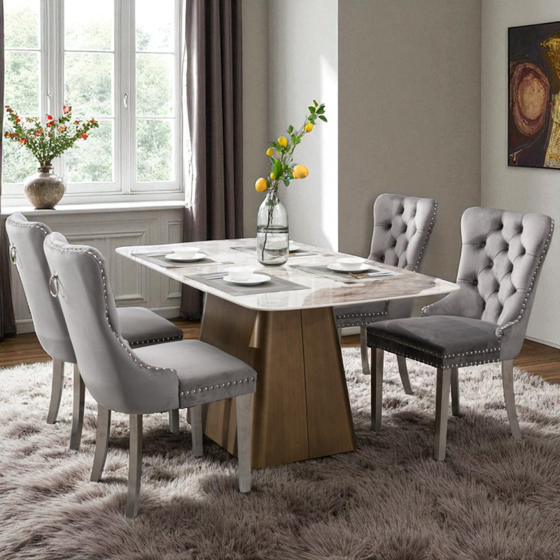 Seita Modern Velvet Wingback Tufted Solid Wood Upholstered Dining Chairs, Silver, Gray