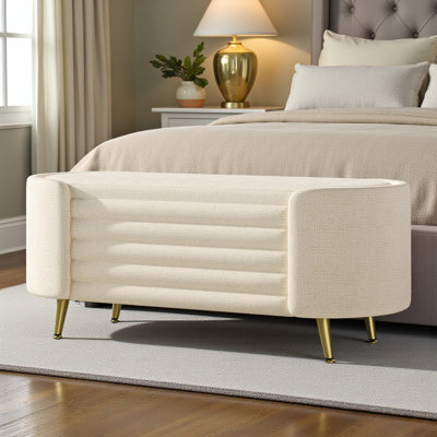 Curved Upholstered Storage Bench – Gold Metal Legs, Modern Oval Design