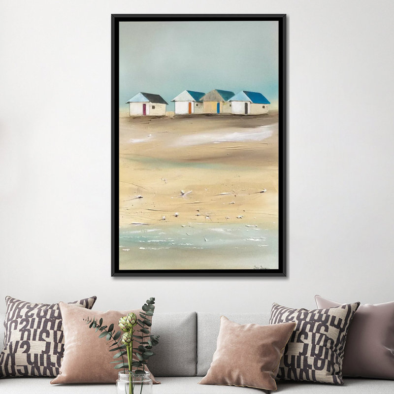 « beach cabanes iv », impression sur toile, H 26 po x l 18 po x P 1,5 po, Toile encadrée noire, Pas de tapis