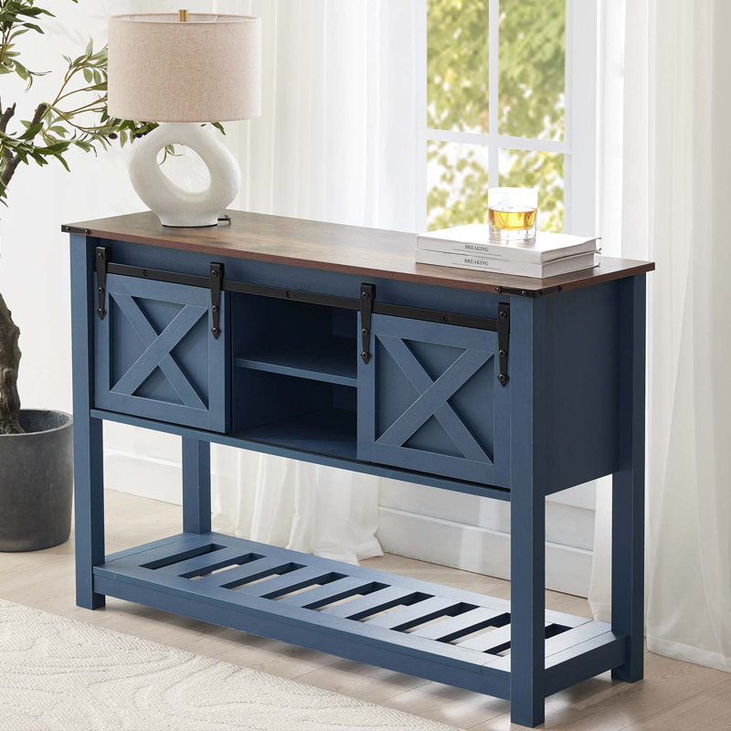 Entryway Table with Storage Shelf, Sliding Barn Doors Console Table for Living Room Hallway, Brun foncé / Bleu