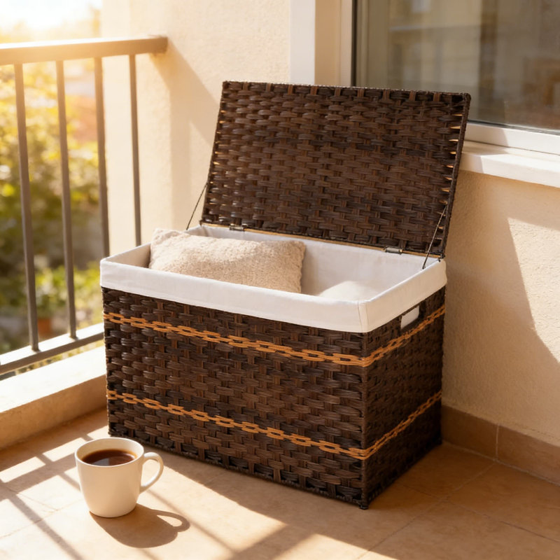 Large Storage Basket With Lid And Removable Liner - Durable Synthetic Wicker Hamper With Handle For Laundry, Blankets, And Home Organization