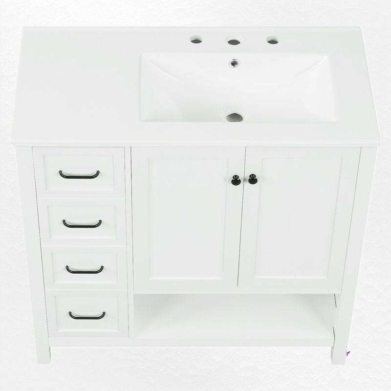 36" Single Vanity With Ceramic Top, White, Black