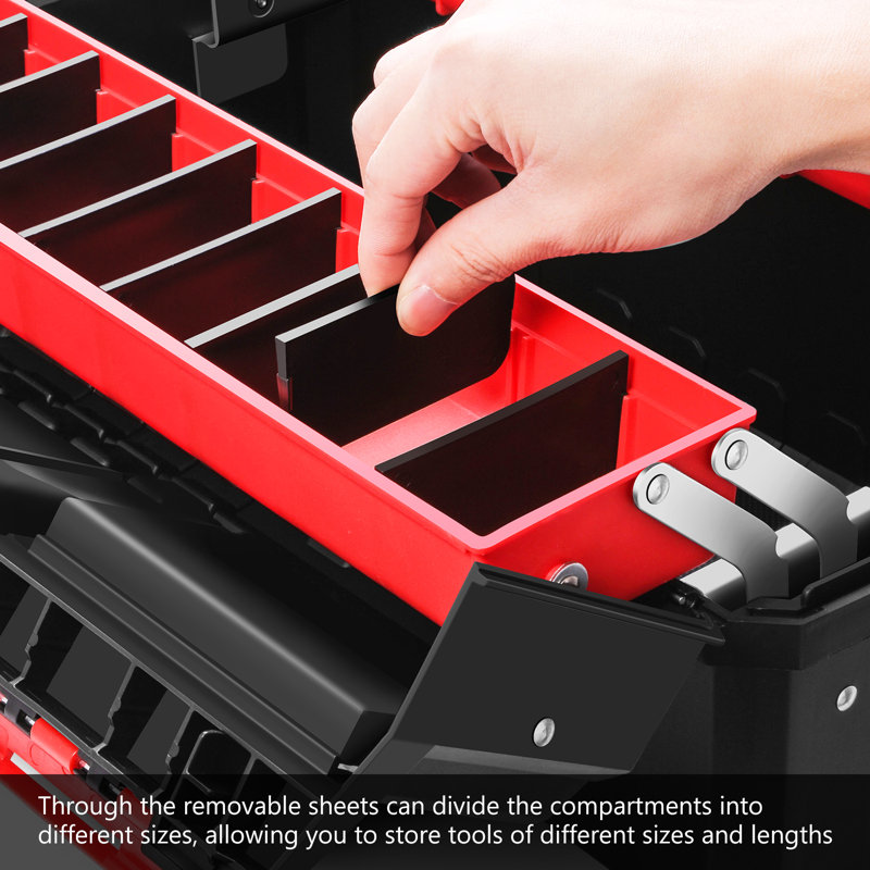 2-Layer Lockable Tool Box Plastic Portable Storage Folding Toolbox Tray Divider Tool Organizers, Black/Red