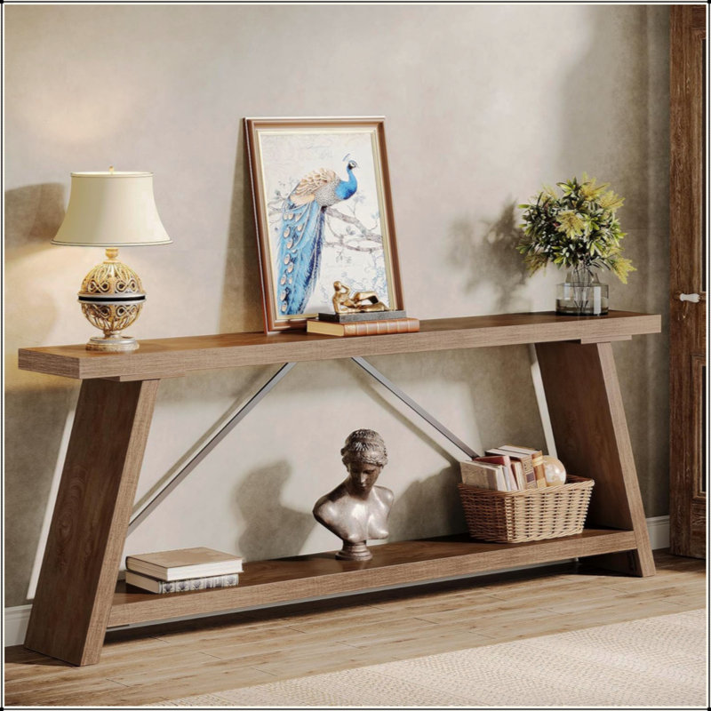 Extra Long Console Table Behind Couch, Industrial Sofa Table With 2-Tier Storage Shelves, Narrow Entryway Hallway Table For Living Room, Foyer