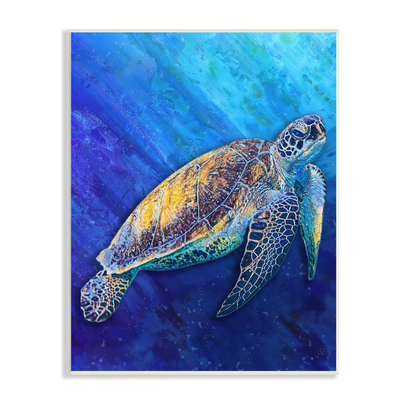Tortue de mer nageant dans l'océan bleu profond sous l'eau par Alpenglow Workshop - Peinture, Bois, L 10 po x H 15 po