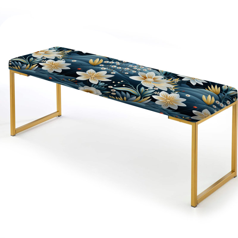 Beige et bleu sarcelle, motif floral bord de mer - banc rembourré floral doré