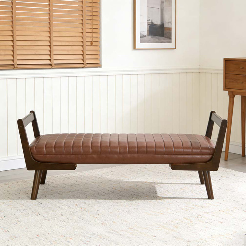 52" Mid Century Bench with Walnut Wood Leg, Cognac