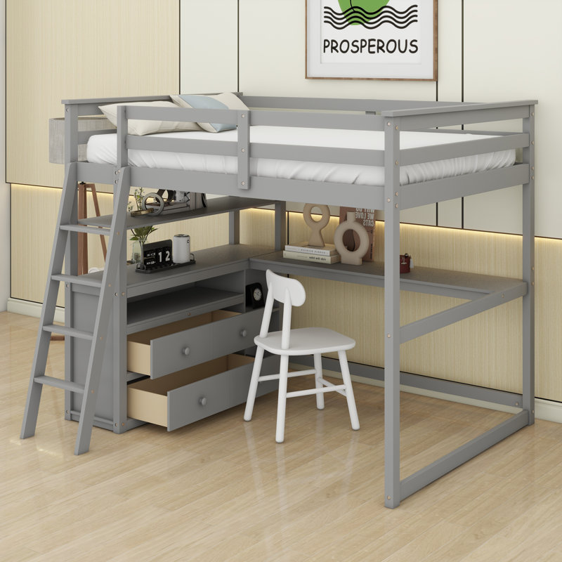 Full Size Loft Bed With Desk And Shelves, Wooden Loft Bed Full With Storage Drawers For Kids Teens Boys Girls,No Box Spring Needed