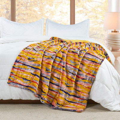 Multi Jacquard Faux Fur Throw Blanket with Smooth Microfiber Reverse