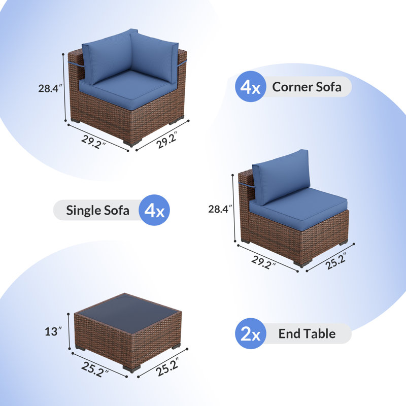 Ensemble modulaire de conversation modulaire en rotin pour 8 personnes avec 2 tables basses, Bleu