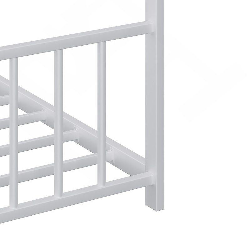 Full size children's bed frame with LED light strips, roof-shaped iron frame bed, White,78.5" L x 55.9" W x 58.4" H.