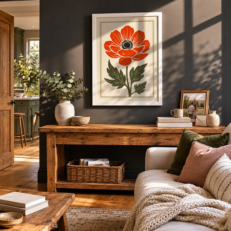 Red Poppy Botanical - Framed Print, A1 - 84.1 x 59.4 cm, White