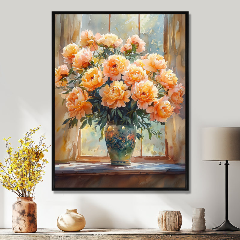 "Sun Kissed Peony Bouquet At The Farm II" - pivoines, reproduction d'art sur toile, Noir, Reproduction avec cadre flottant