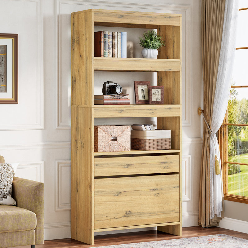 Tall Bookshelf with Storage Drawers,Modern Bookcase with File Cabinet