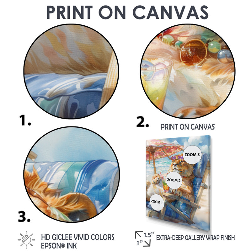 «Lion Relaxing On The Beach I - Coastal Animal», reproduction d'art mural, Toile encadrée noire simple
